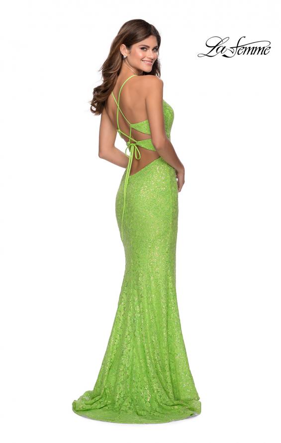 Picture of: Stretch Lace Dress with Lace Up Back and Rhinestones in Neon Green, Style: 28632, Detail Picture 4