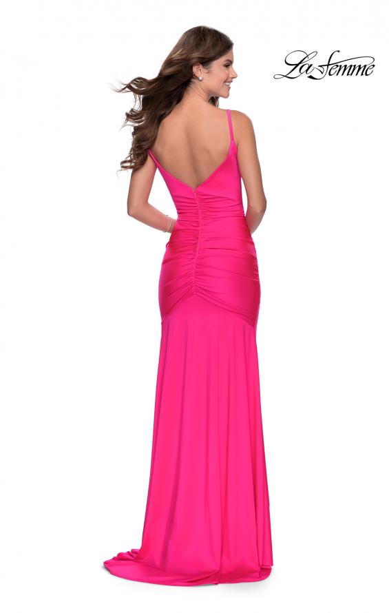 Picture of: Neon Ruched Prom Gown with Center Slit in Neon Pink, Style: 28891, Back Picture