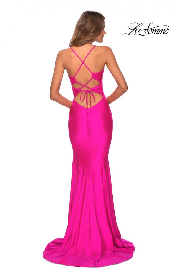 Picture of: Neon Jersey Dress with Ruching and Lace Up Back in Neon Pink, Style: 28993, Back Picture