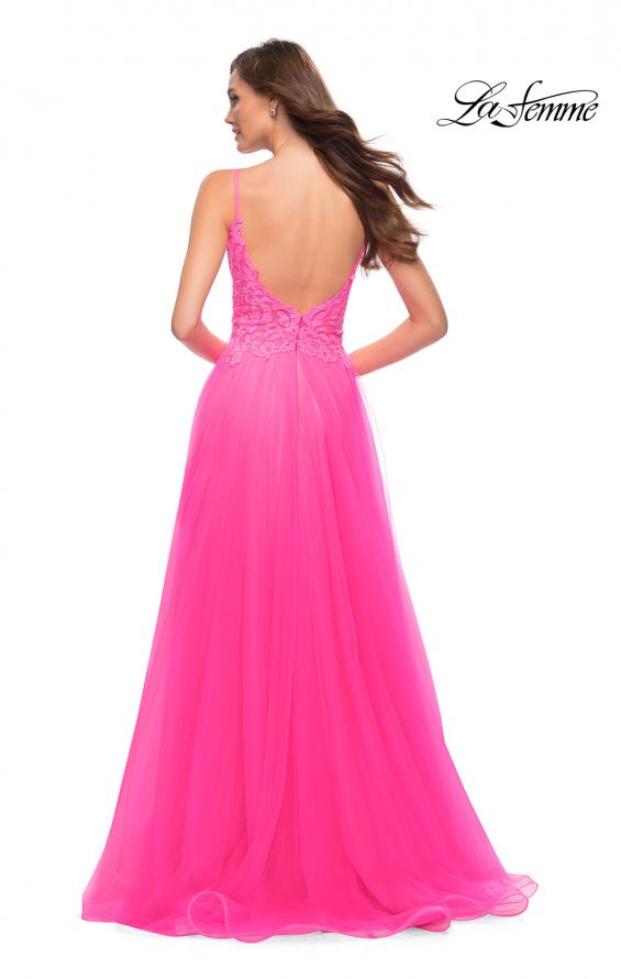 Picture of: A Line Tulle Gown with Lace Bodice and V Back in Neon Pink, Style 29964, Back Picture