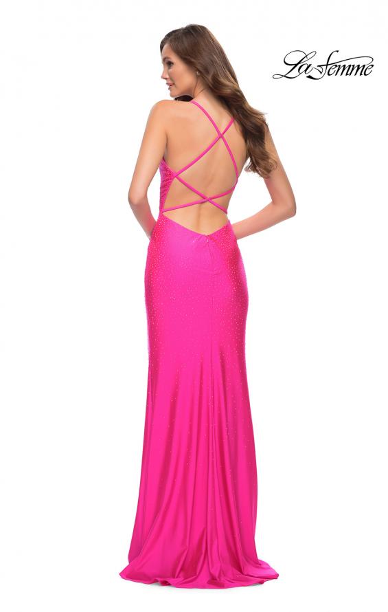 Picture of: Neon Prom Gown with Rhinestone Fabric and Deep V in Neon Pink, Style 29969, Back Picture