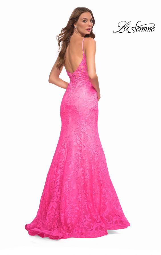 Picture of: Neon Pink Mermaid Lace Prom Dress with Sheer Jeweled Bodice in Pink, Style: 30663, Back Picture
