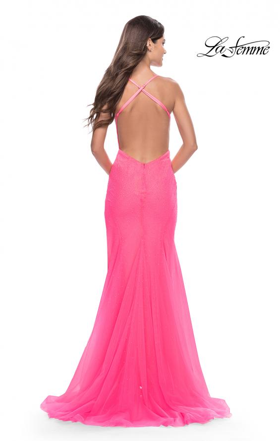 Picture of: Rhinestone Fully Embellished Prom Dress with Sheer Bodice in Neon in Neon Pink, Style: 31419, Back Picture