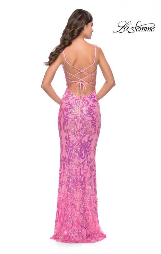 Picture of: Print Sequin Gown with Square Neckline in Neon Pink, Style: 31521, Back Picture