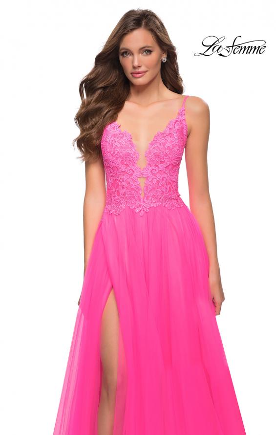 Picture of: A Line Tulle Gown with Lace Bodice and V Back in Neon Pink, Style 29964, Detail Picture 1