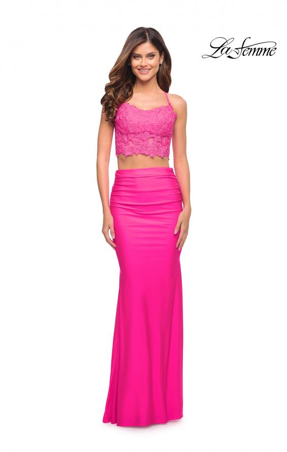 Picture of: Neon Pink Lace and Jersey Two Piece Illusion Top Dress in Neon Pink, Style: 30614, Detail Picture 1