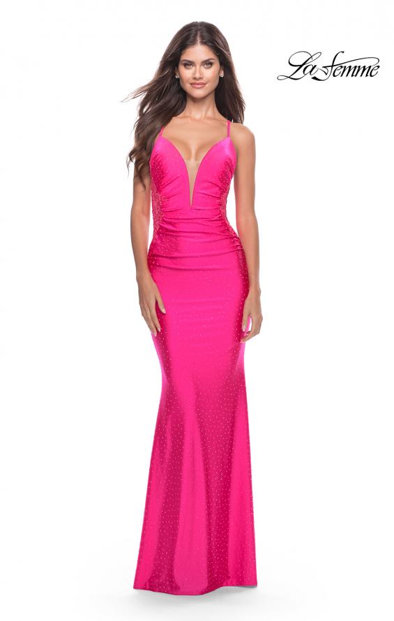 Picture of: Rhinestone Prom Dress with Lace Applique Side Panels in Neon in Neon Pink, Style: 31436, Detail Picture 3