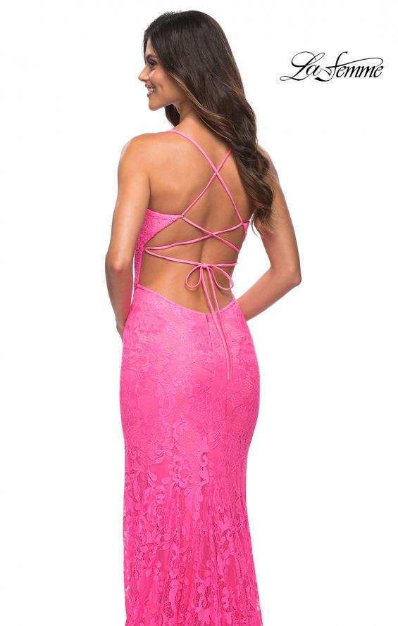 Picture of: Neon Lace Prom Gown With Sheer Bodice and Tie Up Back in Neon Pink, Detail Picture 5