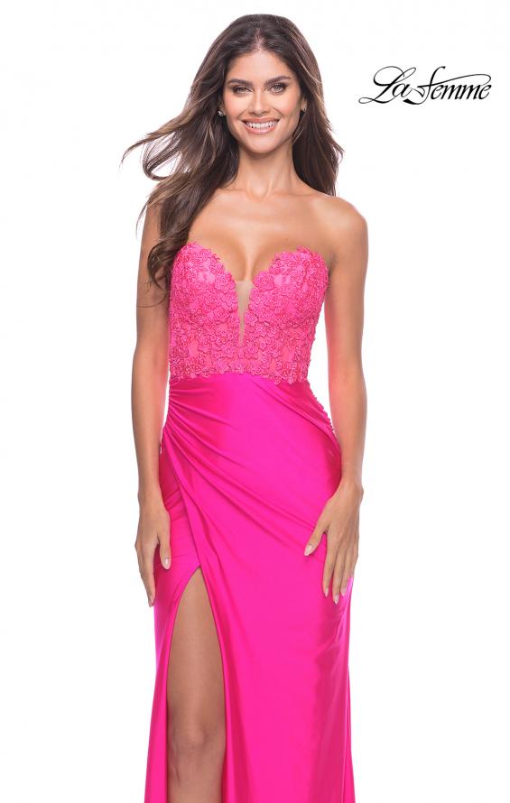 Picture of: Long Dress with Jersey Skirt and Lace Illusion Bodice in Neon in Neon Pink, Style: 31411, Detail Picture 5