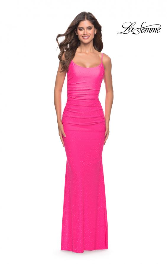 Picture of: Jeweled Modified Scoop Neck Jersey Dress with Open Back in Bright Colors in Neon Pink, Style: 31414, Detail Picture 5