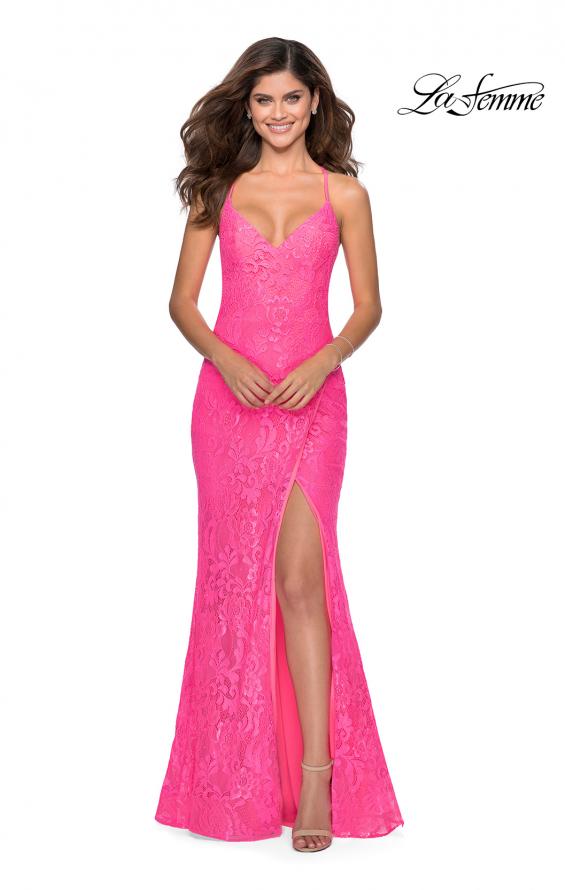 Picture of: Lace Prom Gown with Rhinestones and Tie Up Back in Neon Pink, Style: 28548, Detail Picture 6