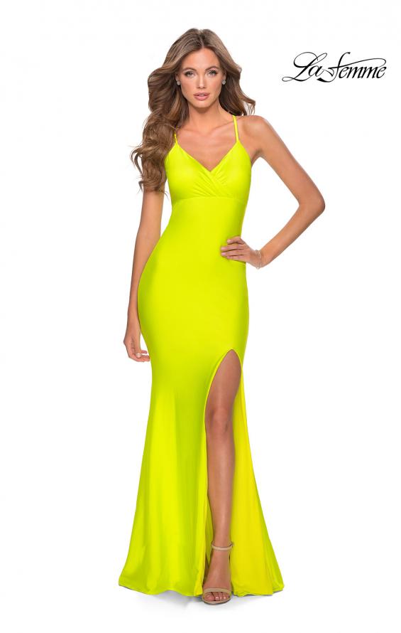 Picture of: Neon Jersey Dress with Ruching and Lace Up Back in Neon Yellow, Style: 28993, Detail Picture 1