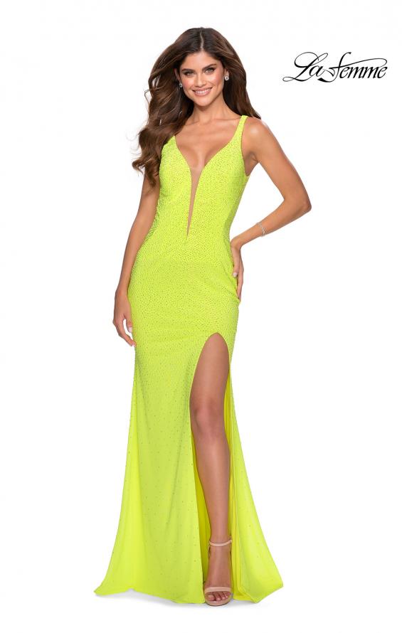 Picture of: Fully Beaded Long Prom Gown with Keyhole Back in Neon Yellow, Style: 28760, Detail Picture 2