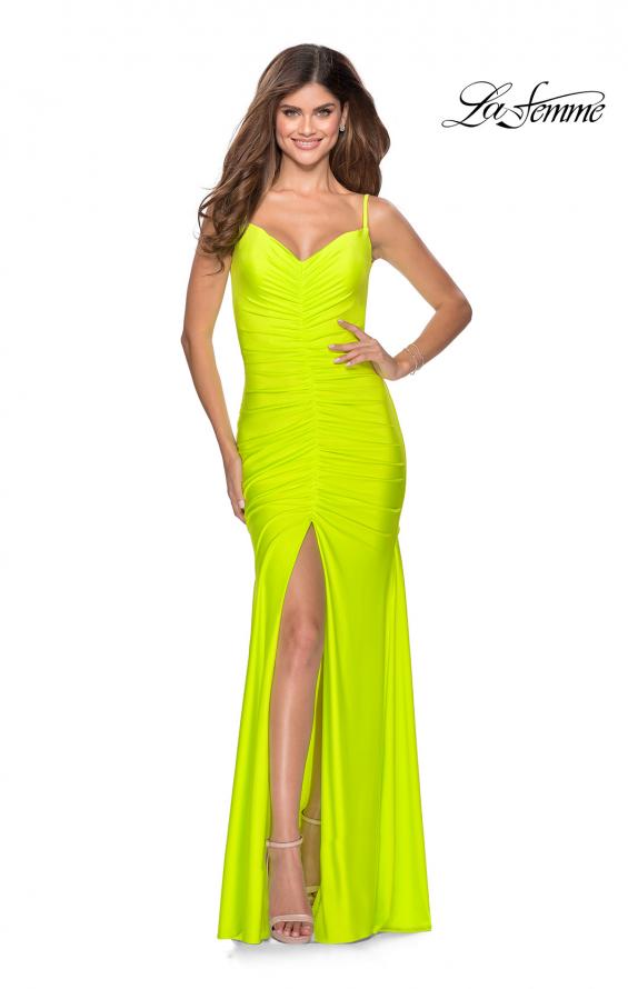 Picture of: Neon Ruched Prom Gown with Center Slit in Neon Yellow, Style: 28891, Detail Picture 5