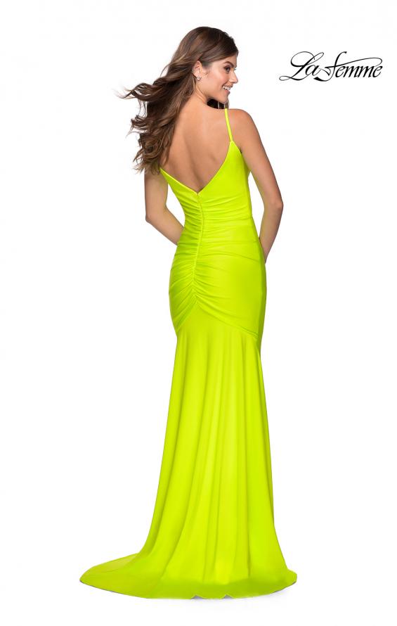 Picture of: Neon Ruched Prom Gown with Center Slit in Neon Yellow, Style: 28891, Detail Picture 6