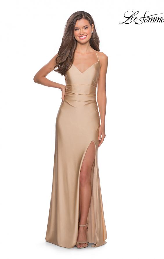 Picture of: Long Homecoming Dress with Slit and Criss Cross Back in Nude, Style: 28206, Detail Picture 7