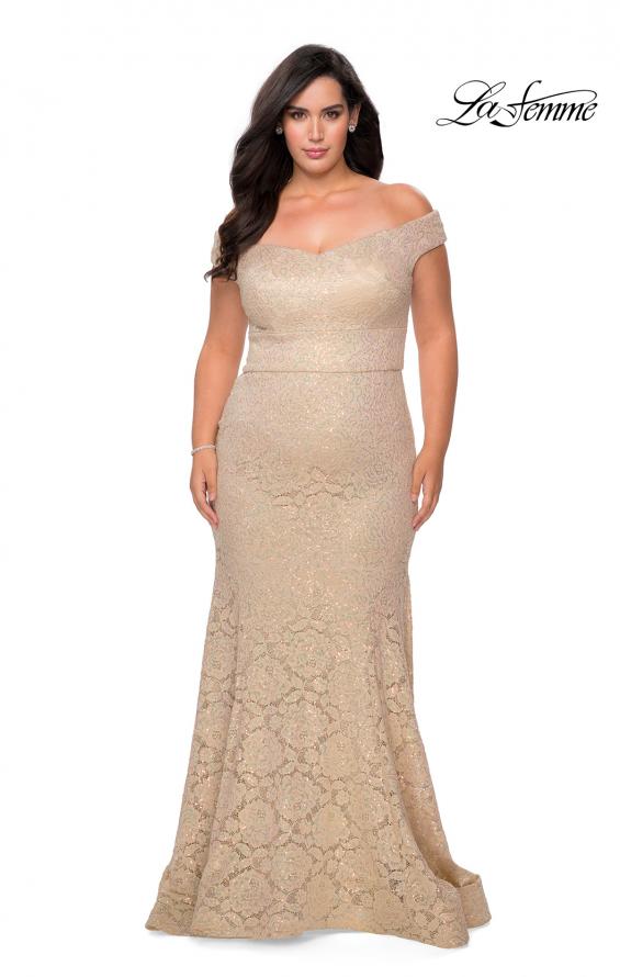 Picture of: Off the Shoulder Lace Plus Dress with Defined Waist in Nude, Style: 28883, Detail Picture 6