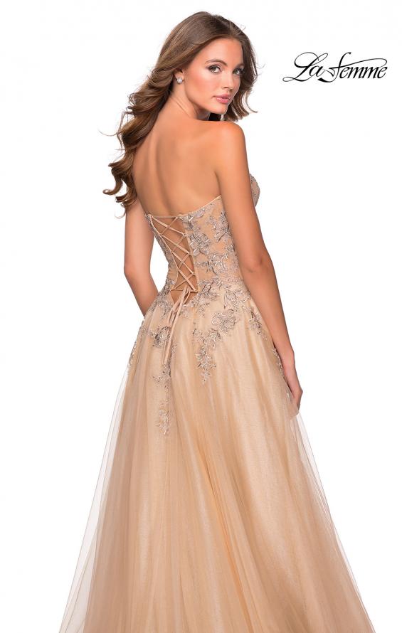 Picture of: Strapless Tulle Dress with Cascading Floral Detail in Nude, Style: 28599, Back Picture