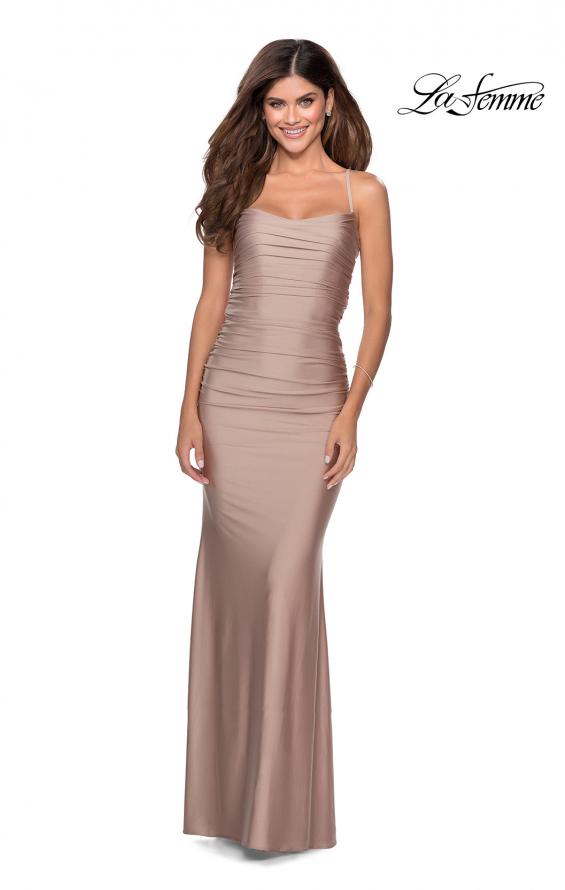 Picture of: Long Ruched Jersey Prom Dress with Thin Straps in Nude, Style: 28398, Detail Picture 1