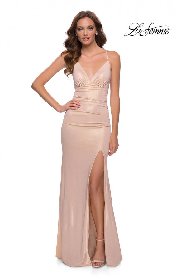 Picture of: Metallic Jersey Long Prom Dress with Lace Up Back in Nude, Style 29915, Detail Picture 3