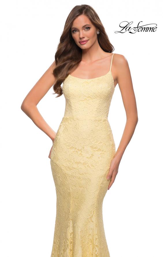 Picture of: Stretch Lace Gown with Lace Up Strappy Back in Pale Yellow, Style 29611, Detail Picture 8