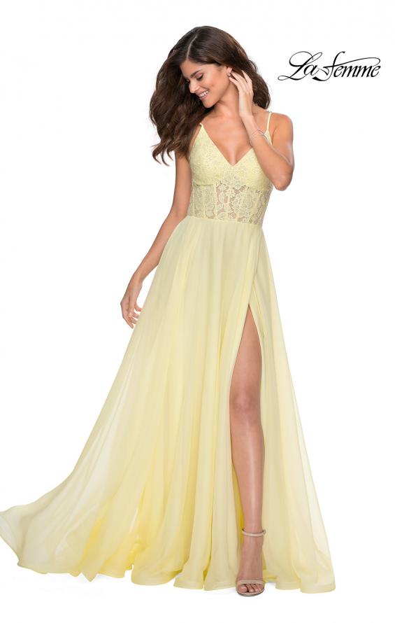 Picture of: Chiffon Prom Dress with Sheer Floral Lace Bodice in Pale Yellow, Style: 28664, Detail Picture 1
