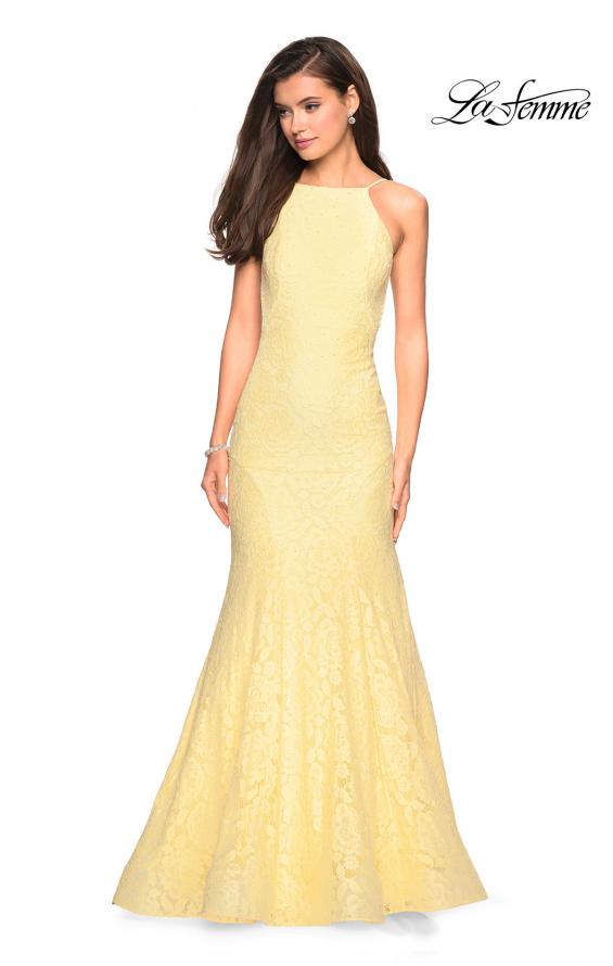 Picture of: Long Lace Prom Dress with High Neckline in Pale Yellow, Style: 27289
