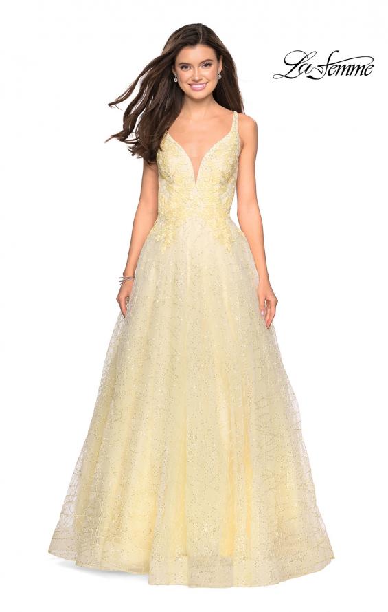 Picture of: A-Line Tulle Ball Gown with Strappy Open Back in Pale Yellow, Style: 27719, Detail Picture 2