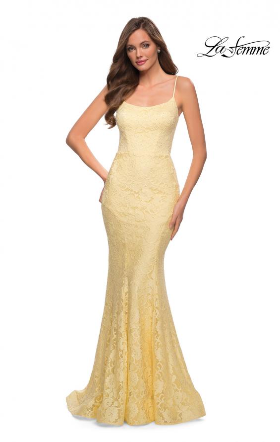 Picture of: Stretch Lace Gown with Lace Up Strappy Back in Pale Yellow, Style 29611, Detail Picture 3