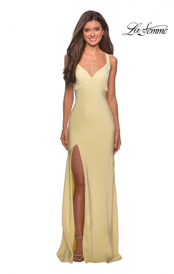 Picture of: Classic Form Fitting Jersey Floor Length Prom Dress in Pale Yellow, Style: 27581, Detail Picture 4