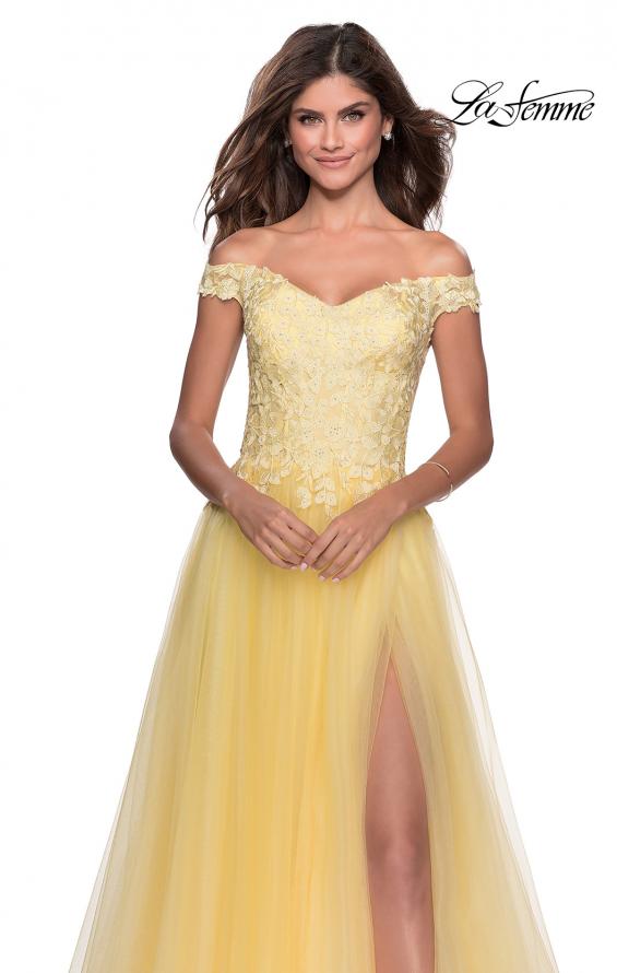 Picture of: Off the Shoulder Tulle Gown with Sheer Floral Bodice in Pale Yellow, Style: 28598, Detail Picture 4