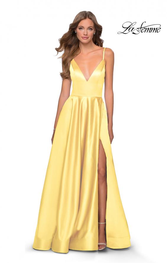 Picture of: V-Neck Satin Prom Dress with Lace Up Back in Pale Yellow, Style: 28628, Detail Picture 5