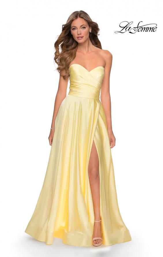 Picture of: Strapless Satin Gown with Pleated Bodice and Slit in Pale Yellow, Style: 28608, Detail Picture 6