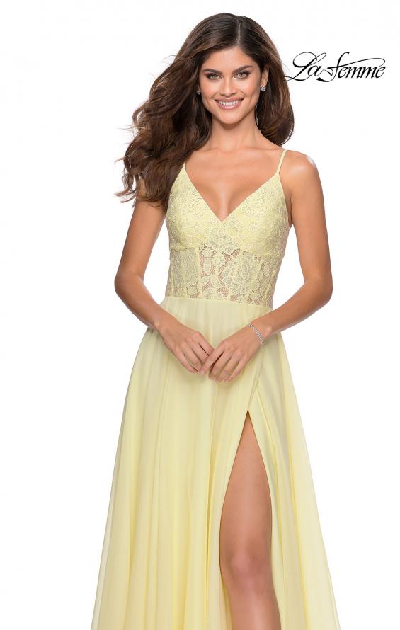 Picture of: Chiffon Prom Dress with Sheer Floral Lace Bodice in Pale Yellow, Style: 28664, Detail Picture 6