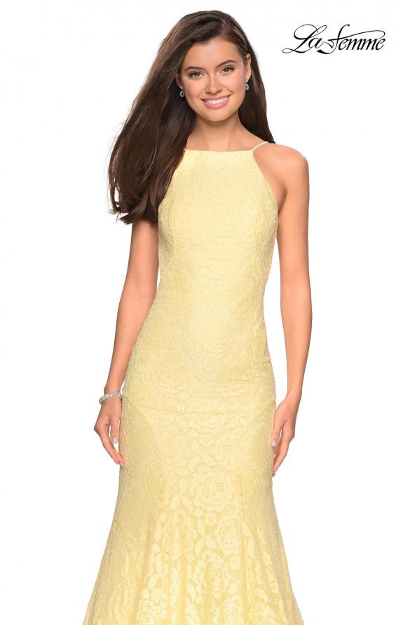 Picture of: Long Lace Prom Dress with High Neckline in Pale Yellow, Style: 27289, Detail Picture 7