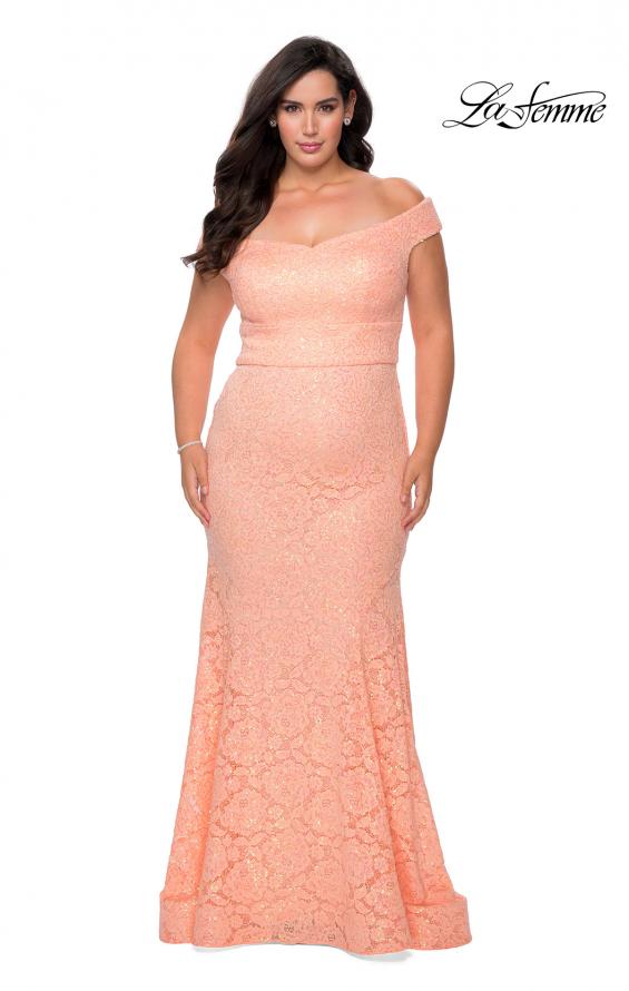 Picture of: Off the Shoulder Lace Plus Dress with Defined Waist in Peach, Style: 28883, Detail Picture 4