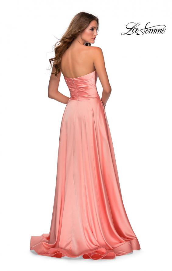 Picture of: Strapless Satin Gown with Pleated Bodice and Slit in Peach, Style: 28608, Back Picture