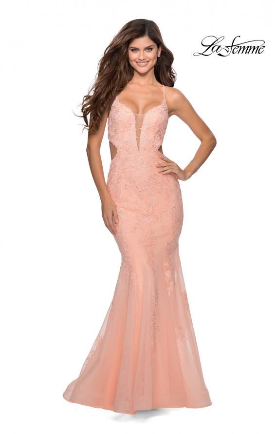 Picture of: Mermaid Tulle Gown with Floral Lace and Rhinestones in Peach, Style: 28768, Detail Picture 5