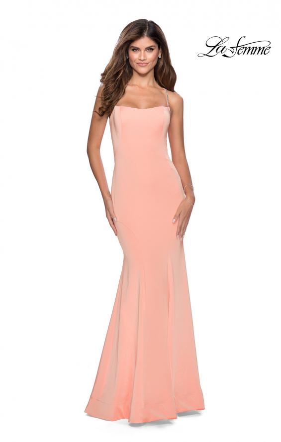 Picture of: Long Jersey Prom Dress with Beaded Strappy Back in Peach, Style: 28526, Detail Picture 7