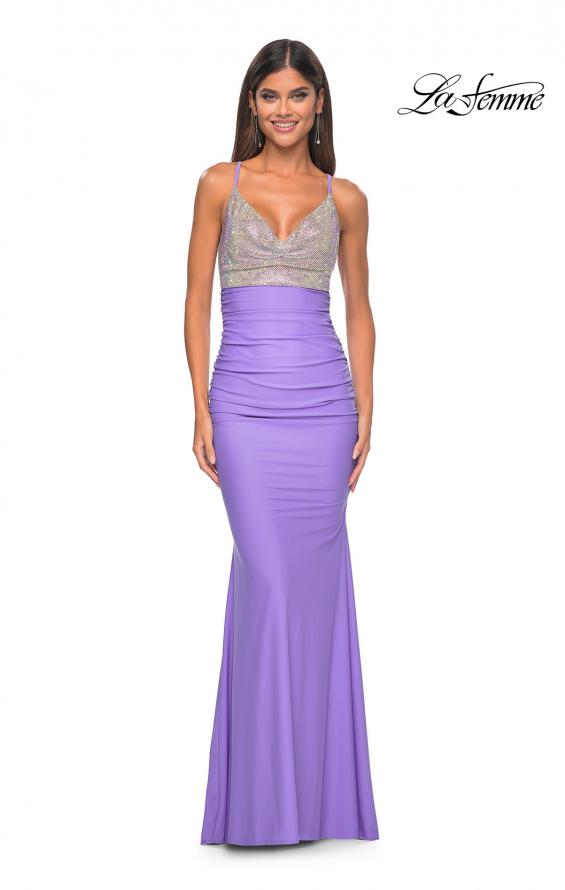 Picture of: Neon Ruched Jersey Dress with Rhinestone Mesh Draped Top in Periwinkle, Style: 32320, Detail Picture 9