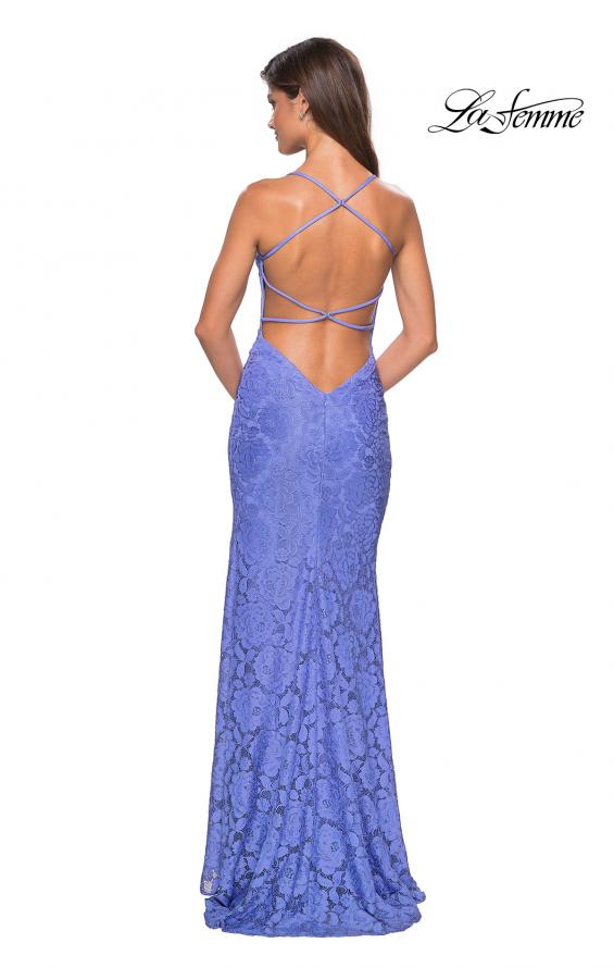 Picture of: Form Fitting Lace Dress with V Neckline and Slit in Periwinkle, Style: 27614, Back Picture