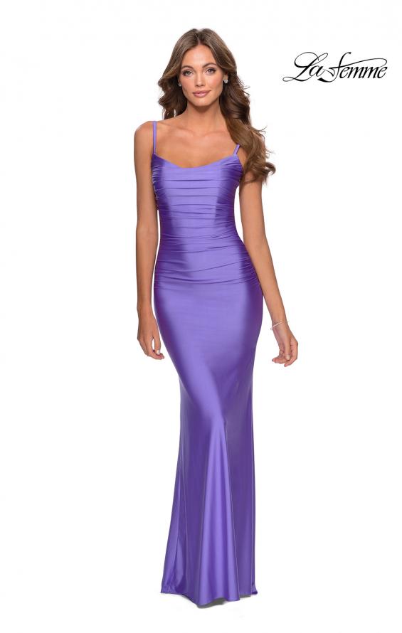 Picture of: Long Ruched Jersey Prom Dress with Thin Straps in Periwinkle, Style: 28398, Detail Picture 5