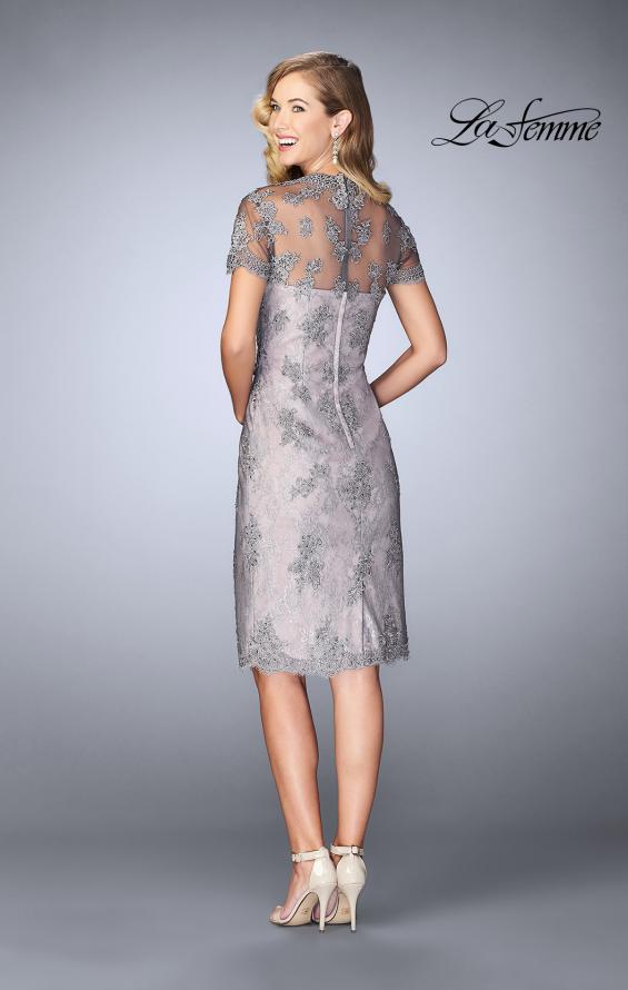Picture of: Short Lace Dress with Illusion Back and Neckline in Pink/Gray, Style: 24931, Back Picture