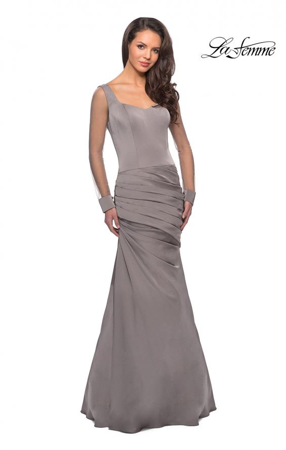 Picture of: Long Jersey Gown with Sheer Long Sleeves and Ruching in Platinum, Style: 25064, Detail Picture 2