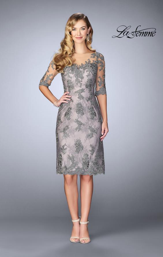 Picture of: Short Dress with Lace Applique and Illusion Sleeves in Platinum, Style: 24878, Main Picture