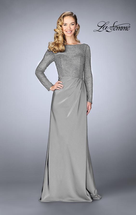 Picture of: Beaded Long Evening Gown with Sheer Sleeves in Platinum, Style: 24895, Detail Picture 1