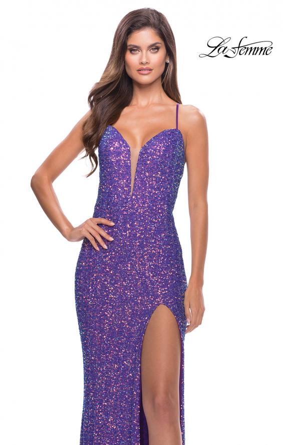 Picture of: Stretch Sequin Gown with Deep V Neck and Tie Back in Bright Colors in Purple, Style: 31430, Detail Picture 3