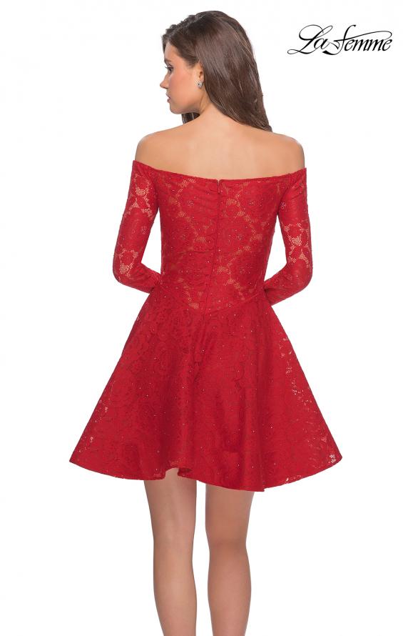 Picture of: Short Lace Dress with Off The Shoulder Long Sleeves in Red, Style: 28175, Detail Picture 2