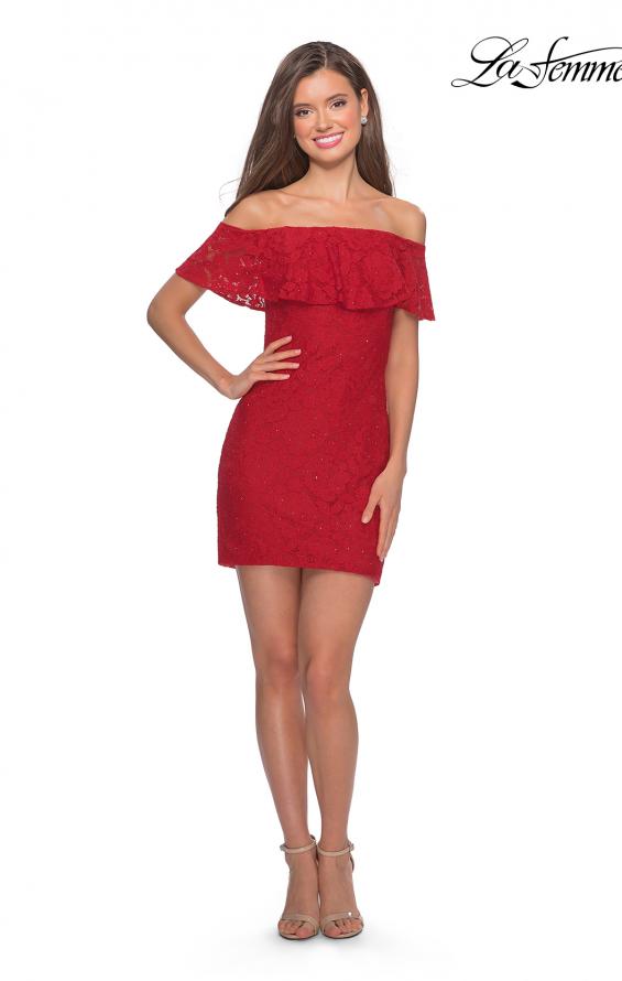 Picture of: Off The Shoulder Form Fitting Lace Party Dress in Red, Style: 28147, Detail Picture 4