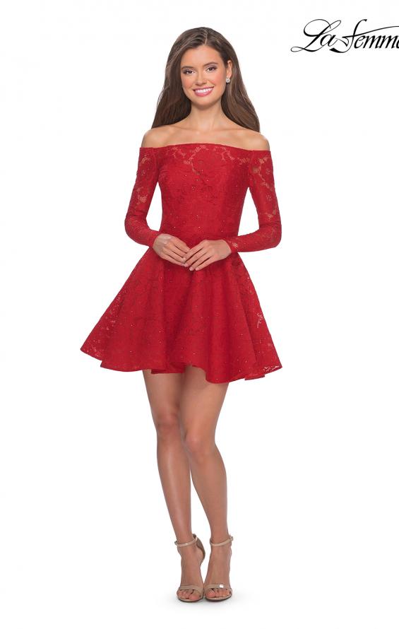 Picture of: Short Lace Dress with Off The Shoulder Long Sleeves in Red, Style: 28175, Detail Picture 7